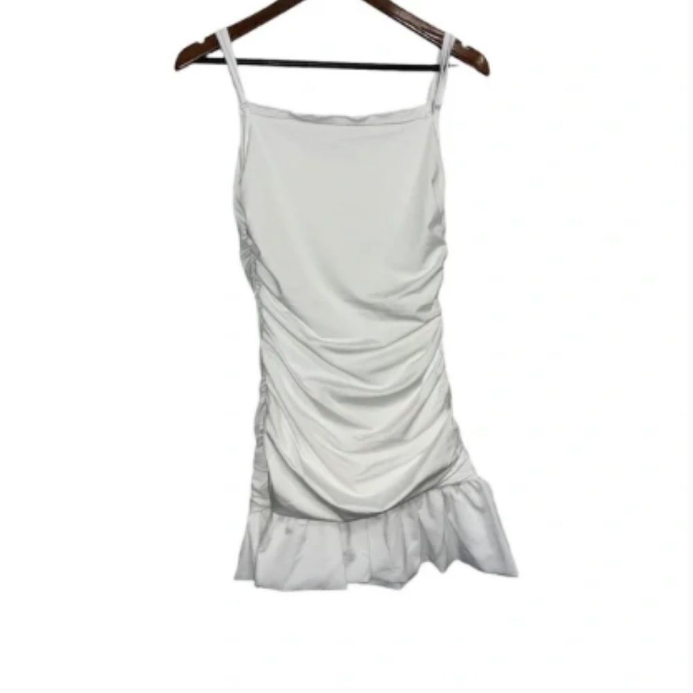 White Ruched Bodycon Sleeveless Dress with Ruffle Hem